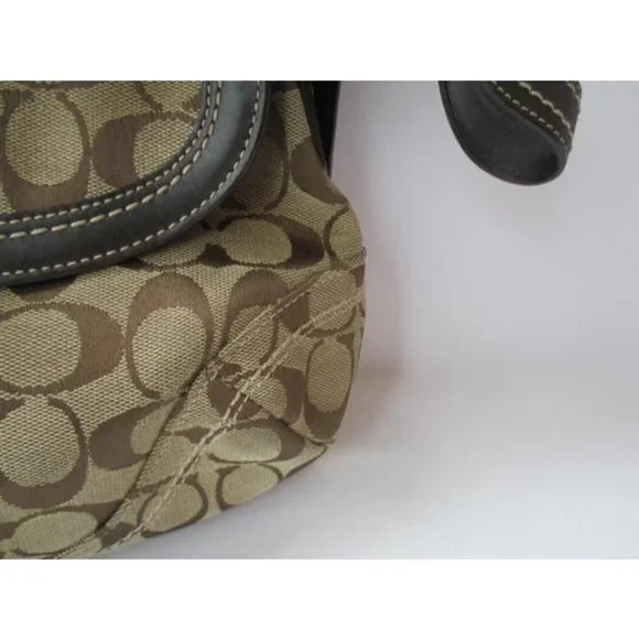 Coach Logo Leather Trim Flap Shoulder Tan Canvas Hobo Bag - Picture 5 of 9